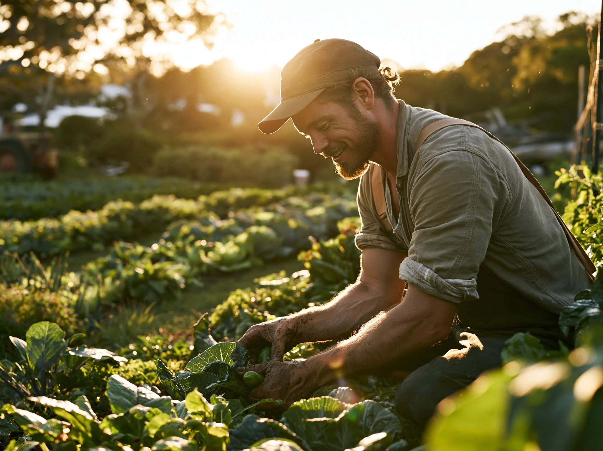 A local farmer tending vegetables by hand in a sunlit garden
